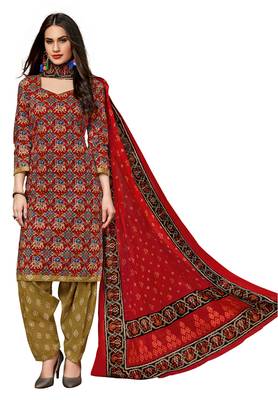 Women's Red & Bronze Cotton Printed Readymade Salwar Suit Set 1