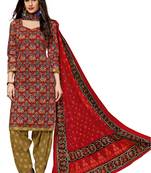 Women's Red & Bronze Cotton Printed Readymade Salwar Suit Set