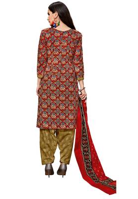 Women's Red & Bronze Cotton Printed Readymade Salwar Suit Set 2