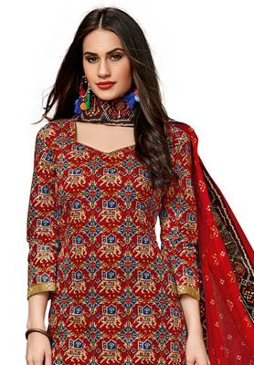 Women's Red & Bronze Cotton Printed Readymade Salwar Suit Set 3