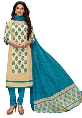 Women's Beige & Sky Blue Cotton Printed Readymade Salwar Suit Set 1
