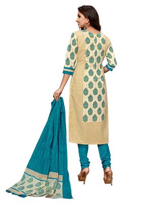 Women's Beige & Sky Blue Cotton Printed Readymade Salwar Suit Set 2