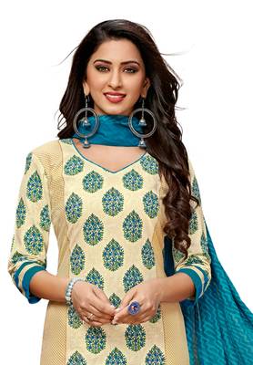 Women's Beige & Sky Blue Cotton Printed Readymade Salwar Suit Set 3