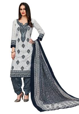 Women's White & Grey Cotton Printed Readymade Salwar Suit Set 1