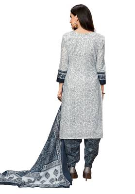 Women's White & Grey Cotton Printed Readymade Salwar Suit Set 2