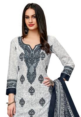 Women's White & Grey Cotton Printed Readymade Salwar Suit Set 3