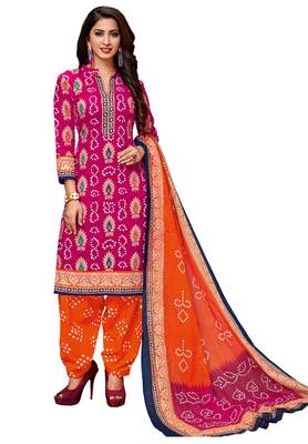 Women'S Pink & Orange Cotton Printed Readymade Salwar Suit Set 1