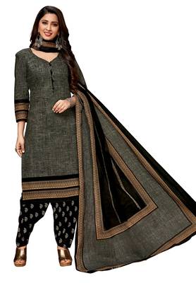Women'S Grey & Black Cotton Printed Readymade Salwar Suit Set 1