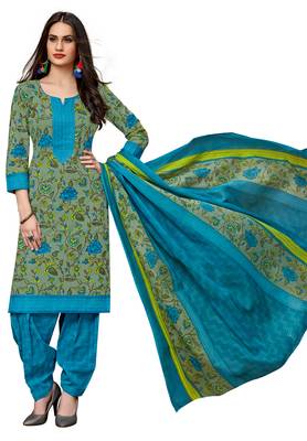 Women's Green & Blue Cotton Printed Readymade Salwar Suit Set 1