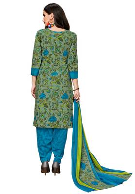 Women's Green & Blue Cotton Printed Readymade Salwar Suit Set 2