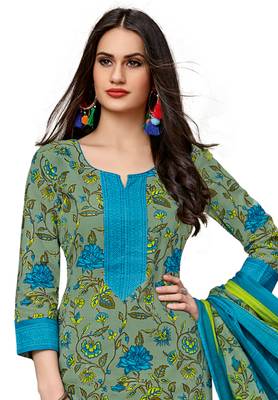 Women's Green & Blue Cotton Printed Readymade Salwar Suit Set 3