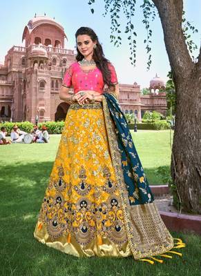 Yellow thread embroidery silk semi stitched lehenga 1