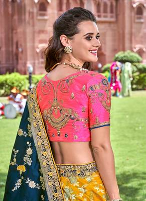 Yellow thread embroidery silk semi stitched lehenga 2