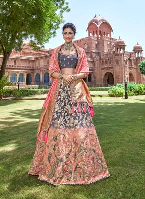 Grey thread embroidery silk semi stitched lehenga 1