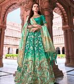 Teal thread embroidery silk semi stitched lehenga