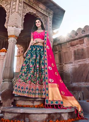 Dark-teal thread embroidery silk semi stitched lehenga 1