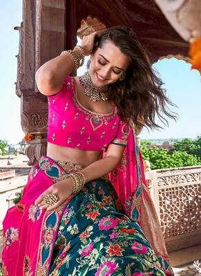 Dark-teal thread embroidery silk semi stitched lehenga 2