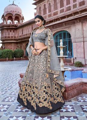 Grey thread embroidery silk semi stitched lehenga 1