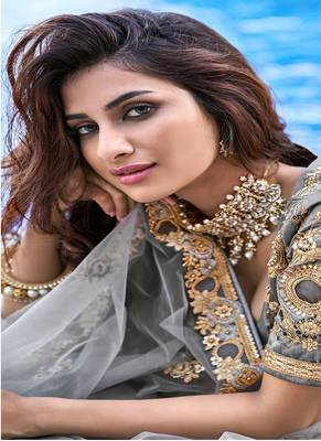Grey thread embroidery silk semi stitched lehenga 2