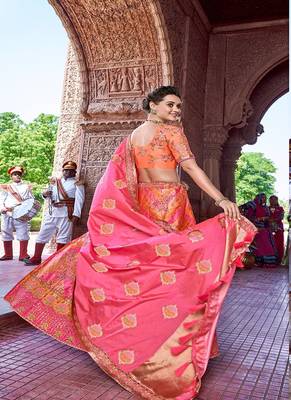 Light-pink thread embroidery silk semi stitched lehenga 2