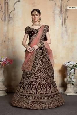 Maroon Embroidered Velvet Unstitched Lehenga 2