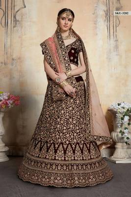 Maroon Embroidered Velvet Unstitched Lehenga 3