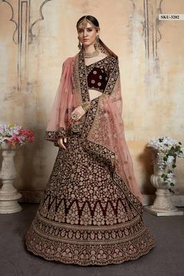 Maroon Embroidered Velvet Unstitched Lehenga 4