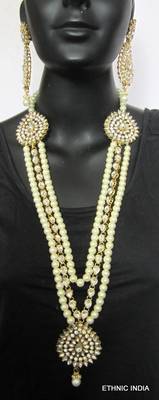 Crystal Stone Pearl Gold Plated Long Necklace Earring Tika Set 2