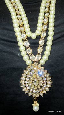 Crystal Stone Pearl Gold Plated Long Necklace Earring Tika Set 3