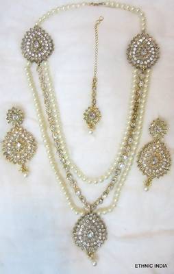 Crystal Stone Pearl Gold Plated Long Necklace Earring Tika Set 4