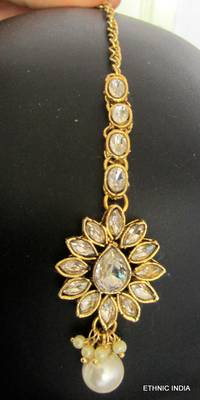 Crystal Stone Pearl Gold Plated Long Necklace Earring Tika Set 5