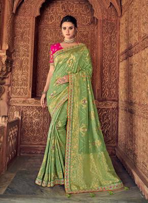   parrot green woven silk saree with blouse 1