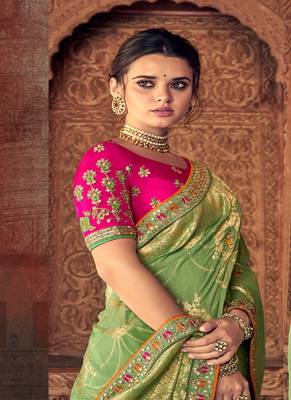   parrot green woven silk saree with blouse 2