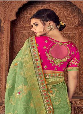   parrot green woven silk saree with blouse 3
