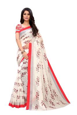 Red printed linen saree with blouse 1