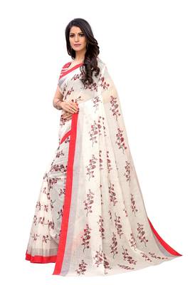 Red printed linen saree with blouse 2