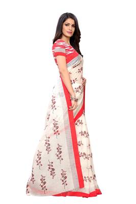 Red printed linen saree with blouse 3