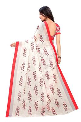 Red printed linen saree with blouse 4