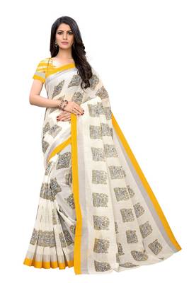 Yellow printed linen saree with blouse 1