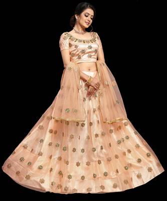 Light-peach embroidered net semi stitched lehenga 1