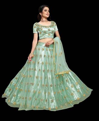 Teal embroidered net semi stitched lehenga 1