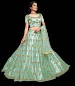 Teal embroidered net semi stitched lehenga