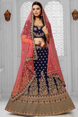 Blue cord velvet semi stitched lehenga 1