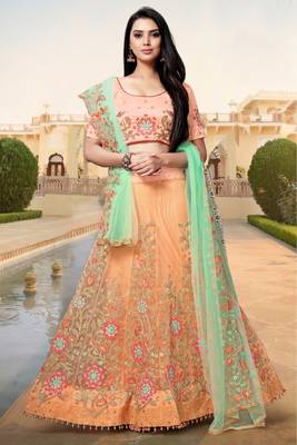 Peach cord satin semi stitched lehenga 1