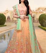 Peach cord satin semi stitched lehenga
