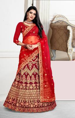 Dark-red cord velvet semi stitched lehenga 1