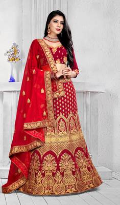 Dark-red cord velvet semi stitched lehenga 1