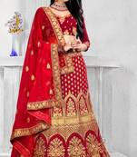 Dark-red cord velvet semi stitched lehenga