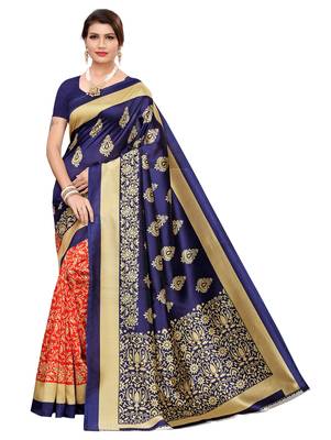 Red printed art silk saree with blouse 1