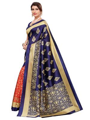 Red printed art silk saree with blouse 2